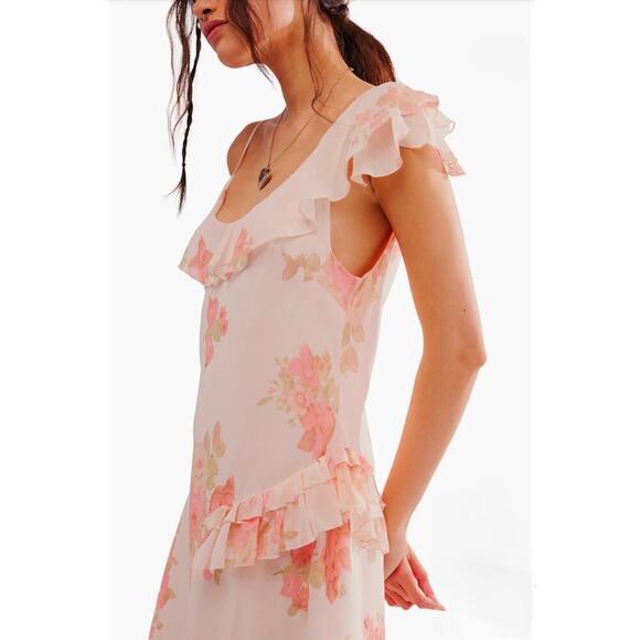 NWT Free People Alma Floral Midi Dress Size M Petal Pink Asymmetrical Hem Fairy - Picture 3 of 11